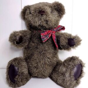 1982 Vintage Gund 12" Jointed Brown Plush Stuffed Teddy Bear Red Plaid Bow